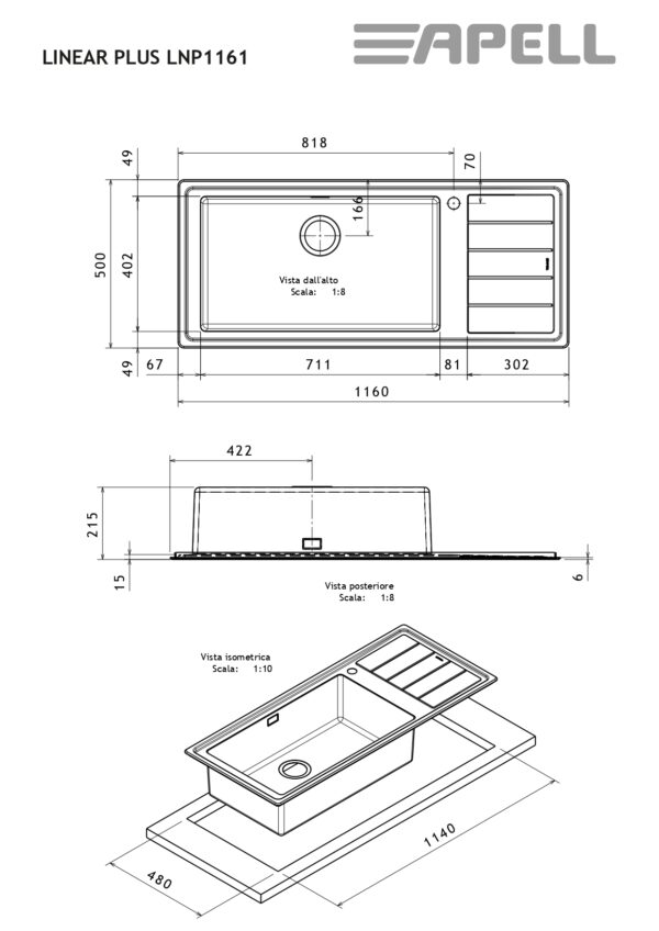 Νεροχύτης Ανοξείδωτος ένθετος - Apell Linear Plus LNP1161 L/R